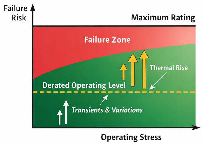 Diagram showing a component maximum rating line and a lower recommended operating region used for derating in printed circuit board design