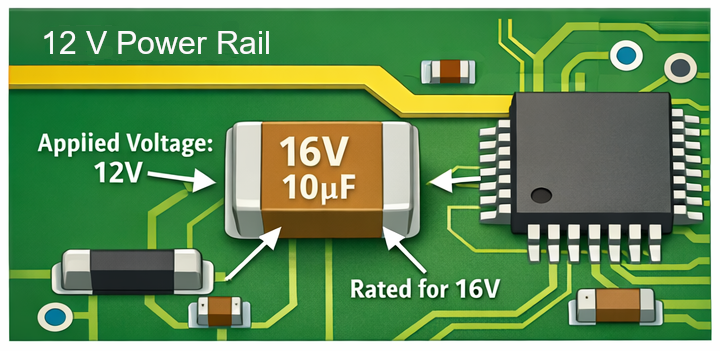 Printed circuit board example showing a 16-volt rail using a capacitor selected with a substantially higher voltage rating to provide reliability margin