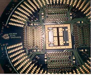 The bottom side of a DUT board, which contacts the test-head probes. Click to open image in new tab for expanded view.