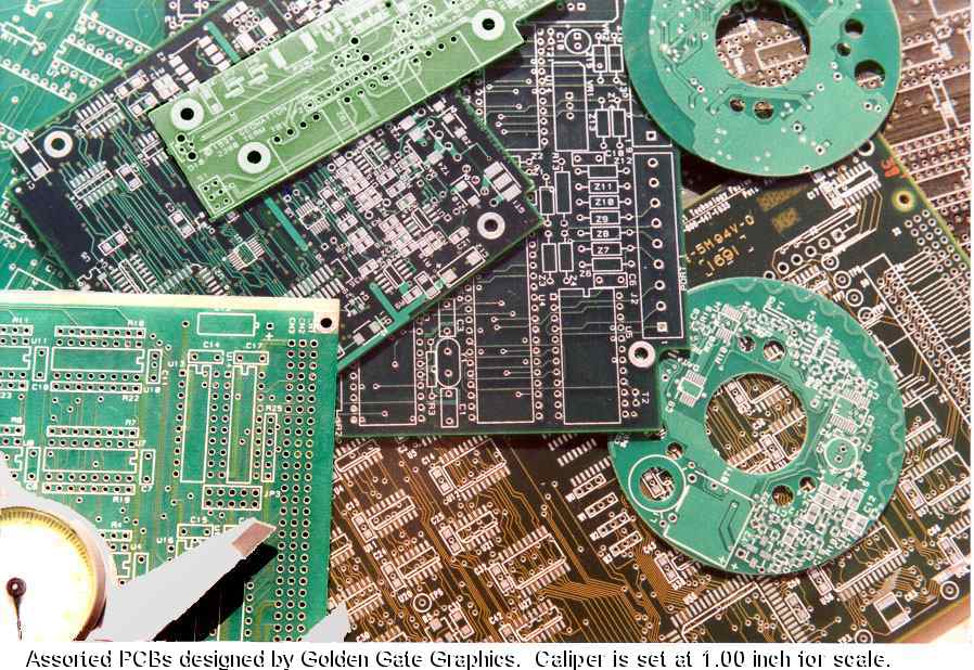 Assorted PCBs designed by Golden Gate Graphics. Caliper is set at 1.00 inch for scale.