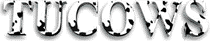 The letters TUCOWS in white with black spots on them similar to the spots on a holstein cow